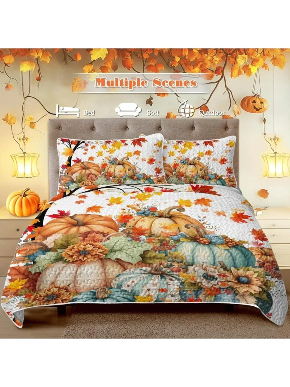Colorful Pumpkins Queen Size Quilt - Halloween Fall Bedding Set for Cozy Decor